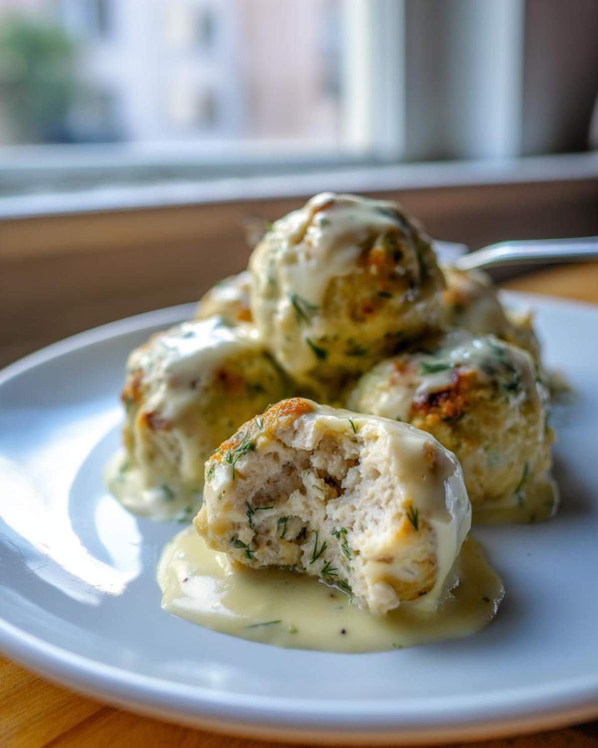 A close-up shot showing one of the Easy Creamy Greek Chicken Meatballs cut in half, revealing the interior texture, covered in a light sauce.