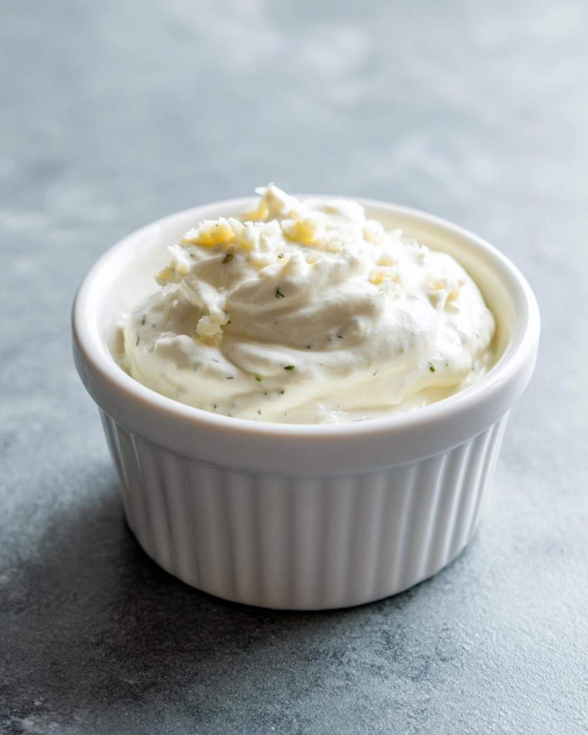 A small white ramekin filled with thick Easy Greek Yogurt Caesar Dressing, topped with grated cheese.