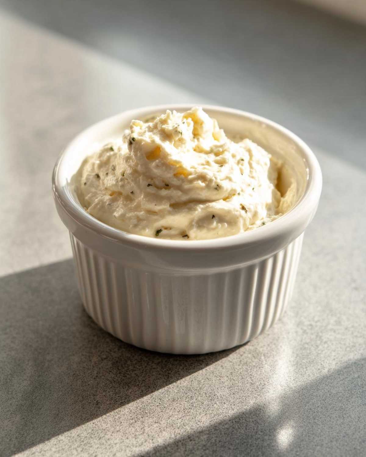 A close-up of thick Easy Greek Yogurt Caesar Dressing swirled in a small white ramekin, showing flecks of herbs.