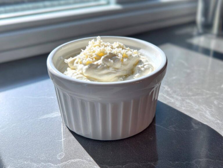 A white ramekin filled with thick Easy Greek Yogurt Caesar Dressing, topped with grated cheese.