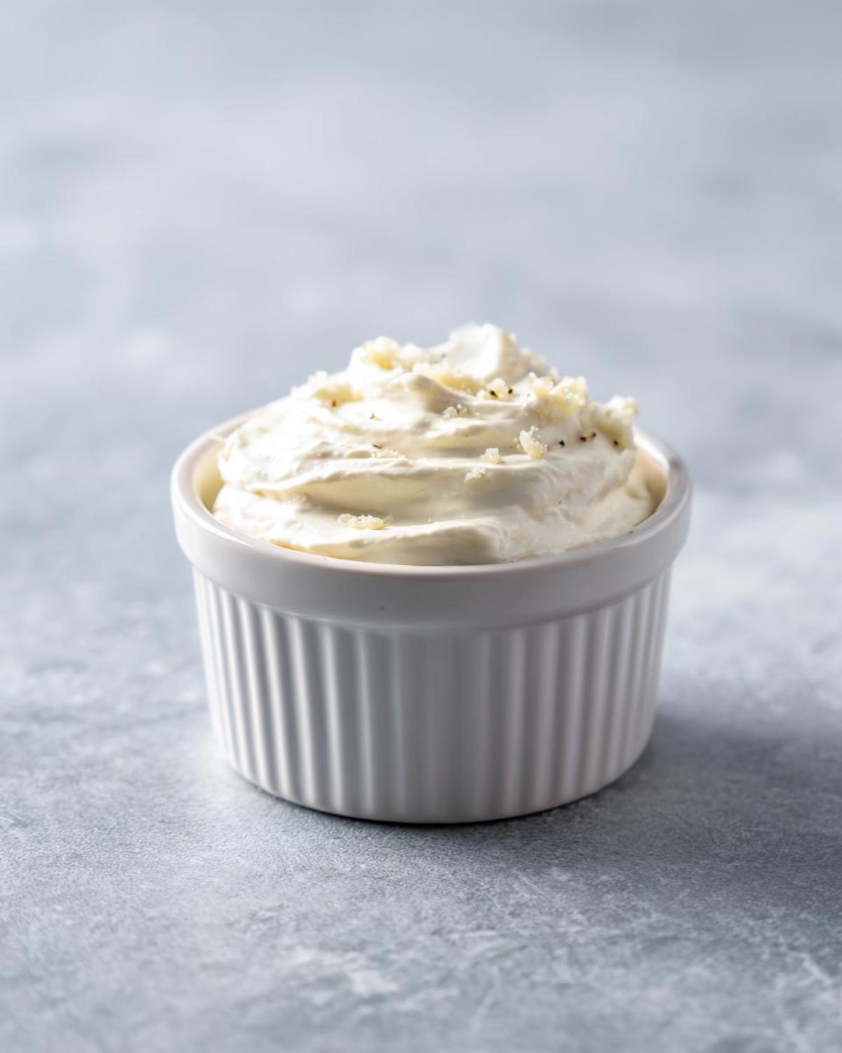 A small white ramekin filled with creamy Easy Greek Yogurt Caesar Dressing, topped with grated cheese.