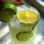 Close-up of a tall glass filled with Easy Iced Cucumber Lime Agua Fresca, ice, and garnished with lime slices.