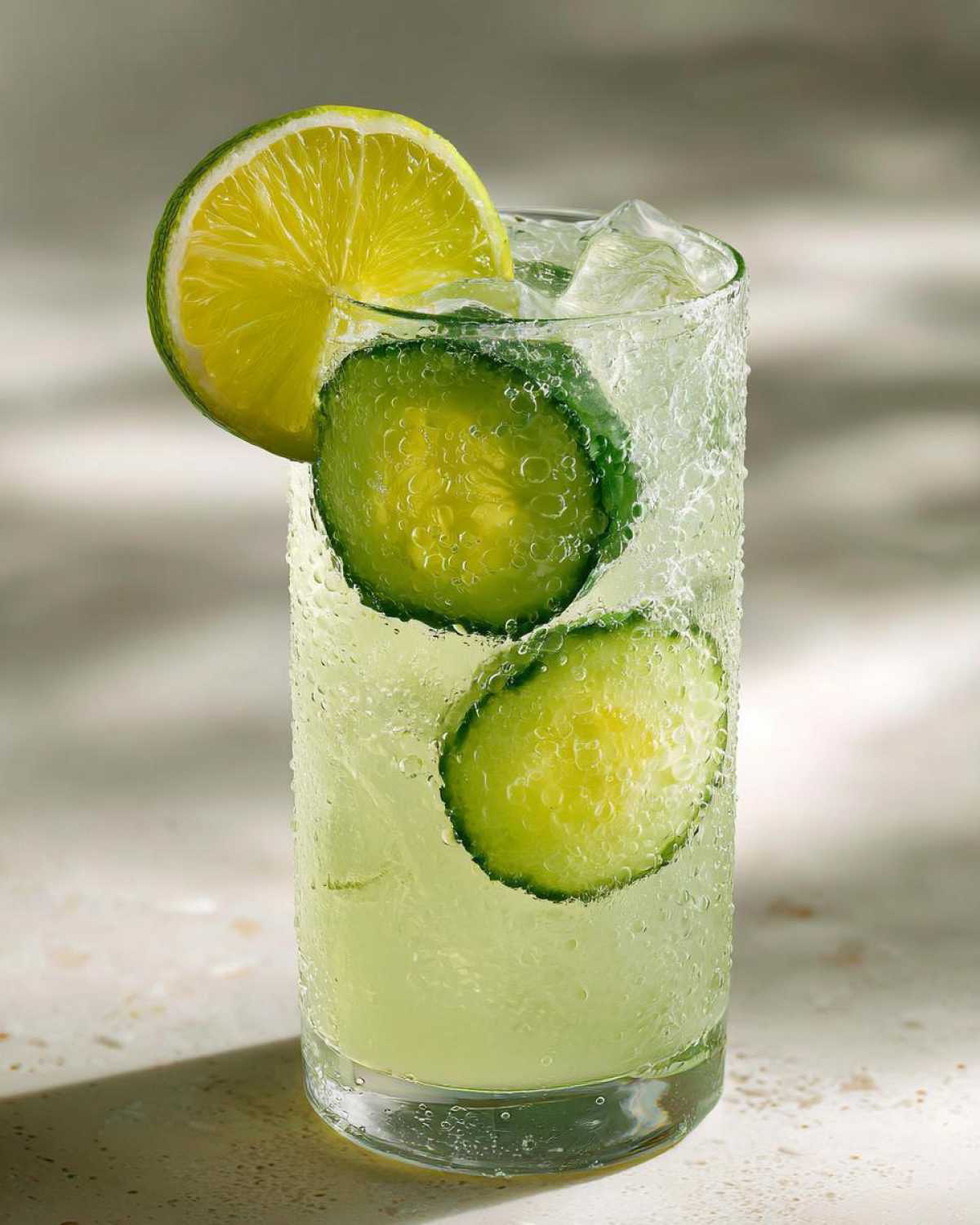 Close-up of a tall glass filled with Easy Iced Cucumber Lime Agua Fresca, garnished with cucumber slices and a lime wheel.