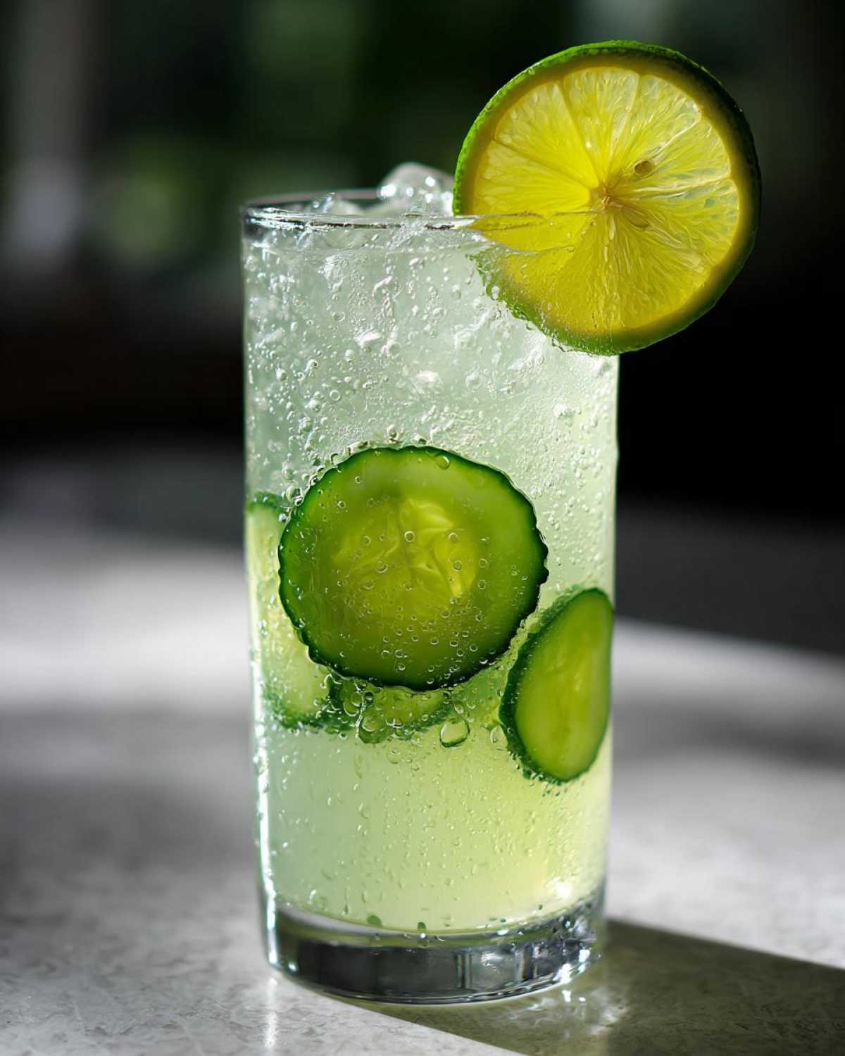 Close-up of a tall glass filled with Easy Iced Cucumber Lime Agua Fresca, ice, and cucumber slices.