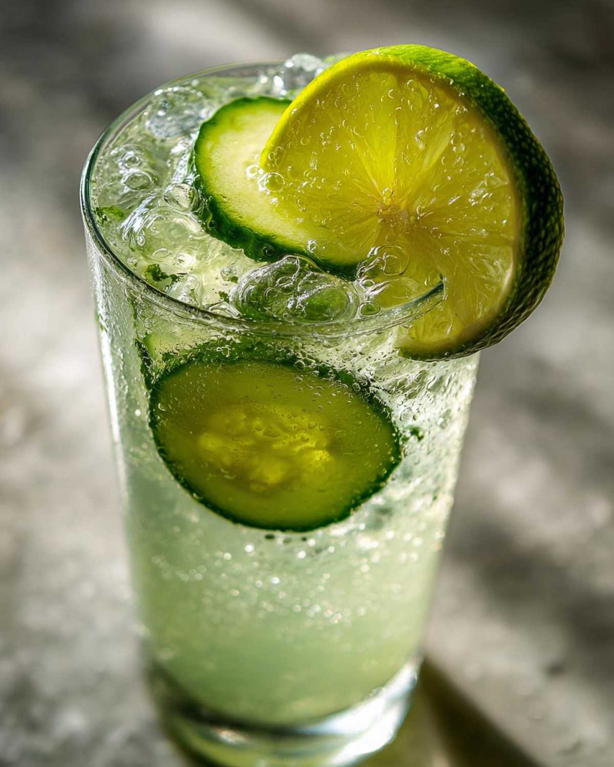 Close-up of a tall glass filled with Easy Iced Cucumber Lime Agua Fresca, ice, and garnished with cucumber slices and a lime wheel.