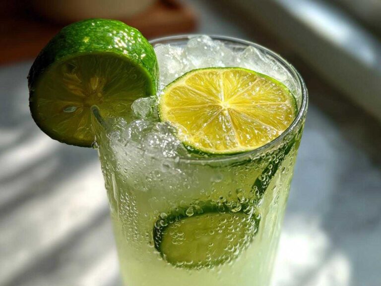 Close-up of a tall glass filled with Easy Iced Cucumber Lime Agua Fresca, ice, and garnished with lime slices.
