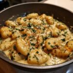 Close-up of Easy One-Pan Creamy Garlic Butter Gnocchi coated in a rich, creamy sauce and topped with fresh parsley.