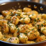 Close-up of golden-brown gnocchi coated in a creamy garlic butter sauce and sprinkled with fresh parsley, served in a dark skillet.