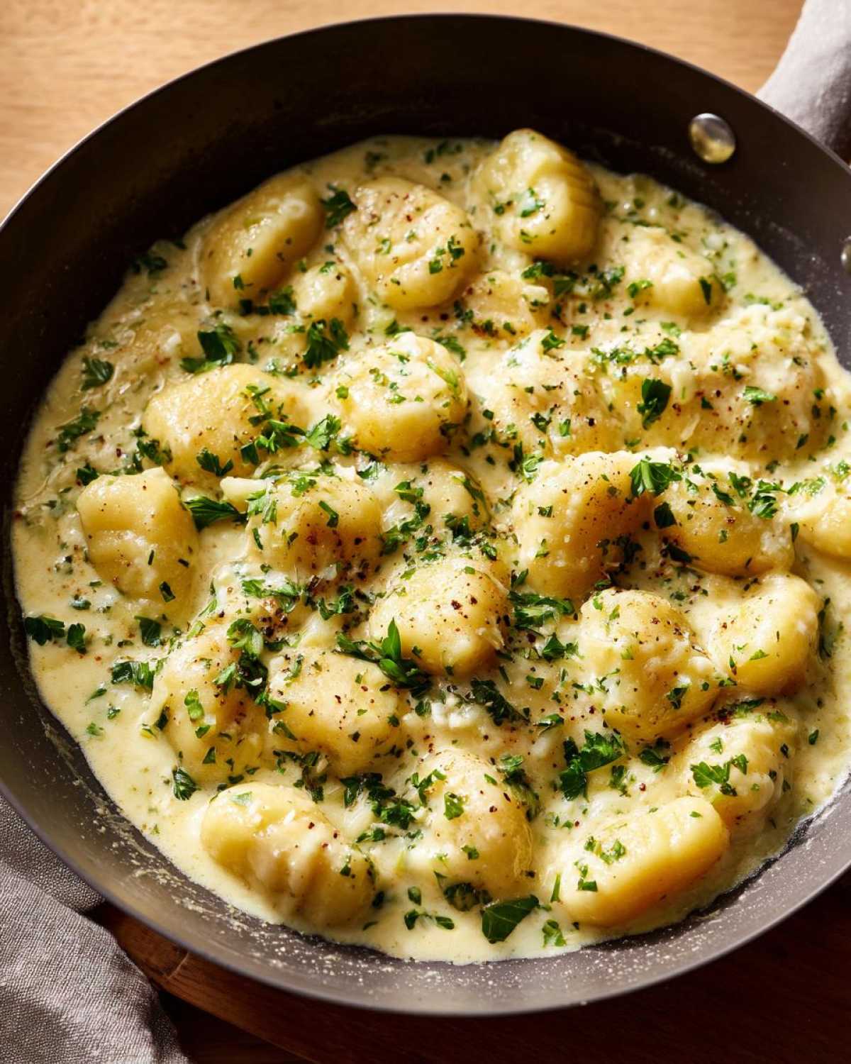 Close-up of Easy One-Pan Creamy Garlic Butter Gnocchi coated in a rich, creamy sauce and topped with fresh parsley.