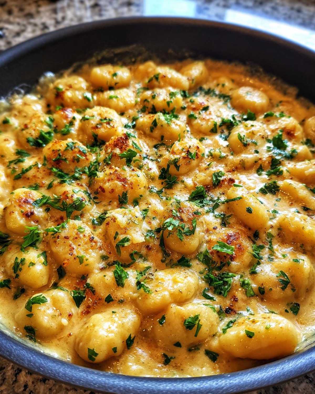 Close-up of Easy One-Pan Creamy Garlic Butter Gnocchi swimming in a rich, cheesy sauce and topped with fresh parsley.