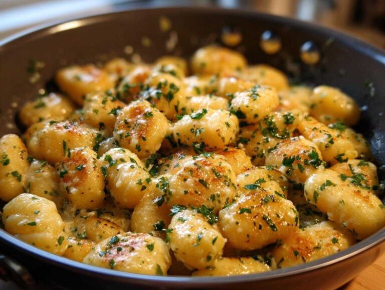 Close-up of golden-brown gnocchi coated in a creamy garlic butter sauce and sprinkled with fresh parsley, served in a dark skillet.