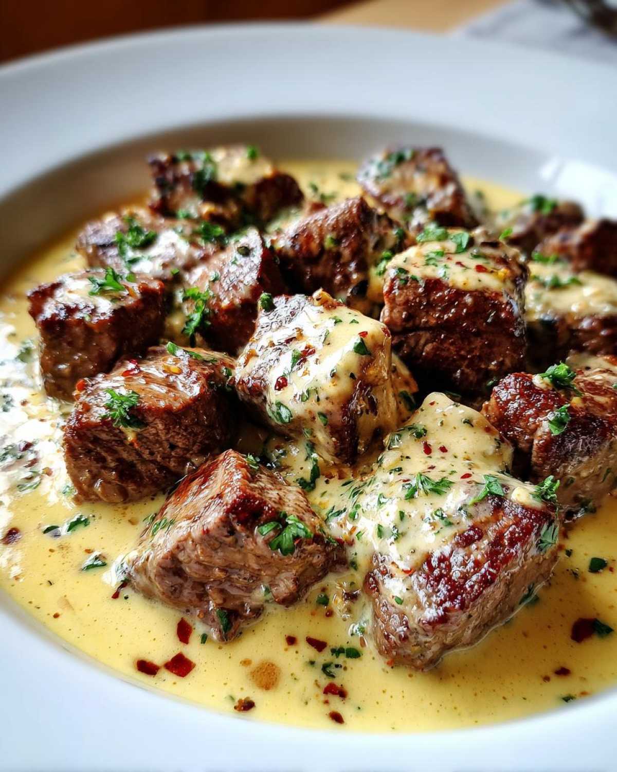 Close-up of seared steak bites smothered in a rich, creamy garlic sauce, garnished with parsley.
