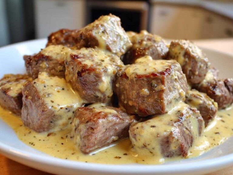 Close-up of seared steak bites smothered in a creamy garlic sauce, the main feature of Easy One-Pan Creamy Garlic Steak Bites.