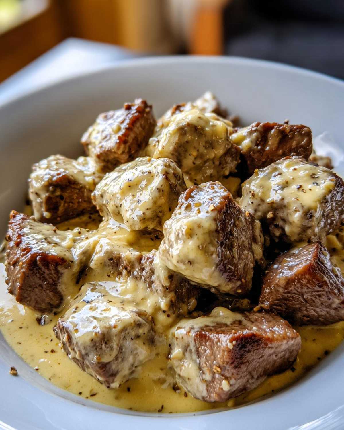 Close-up of seared steak cubes coated in a rich, creamy garlic sauce, featuring Easy One-Pan Creamy Garlic Steak Bites.