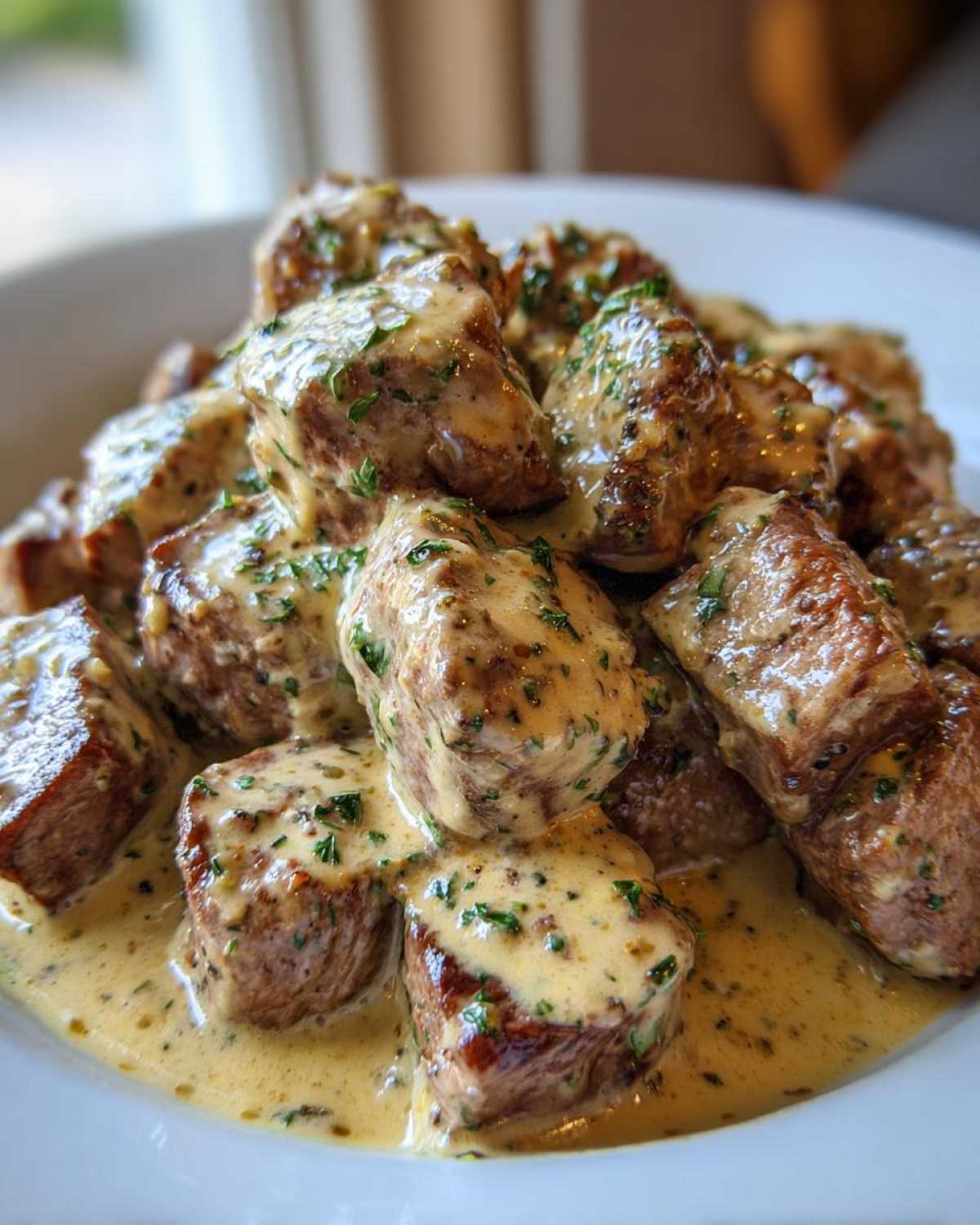 Close-up of seared steak bites smothered in a rich, creamy garlic sauce and sprinkled with parsley.