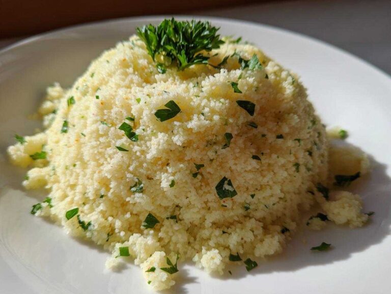 A mound of light yellow Easy One-Pot Creamy Lemon Herb Couscous garnished with fresh chopped parsley.