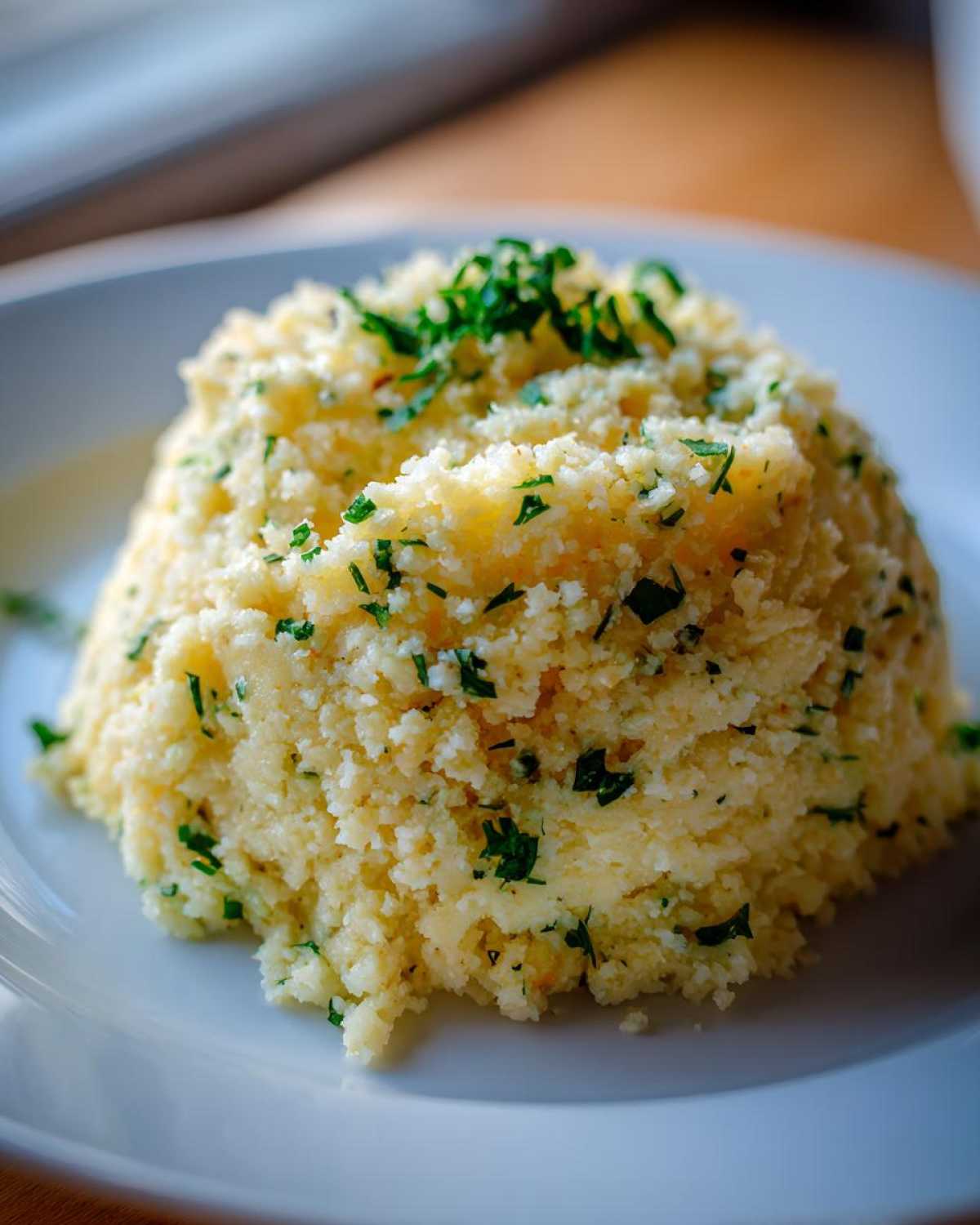A serving of Easy One-Pot Creamy Lemon Herb Couscous mounded on a white plate and topped with fresh parsley.