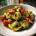 Close-up of Easy One-Pot Creamy Pesto Tortellini mixed with bright red cherry tomatoes in a white bowl.