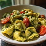 A close-up of Easy One-Pot Creamy Pesto Tortellini mixed with halved cherry tomatoes in a white bowl.