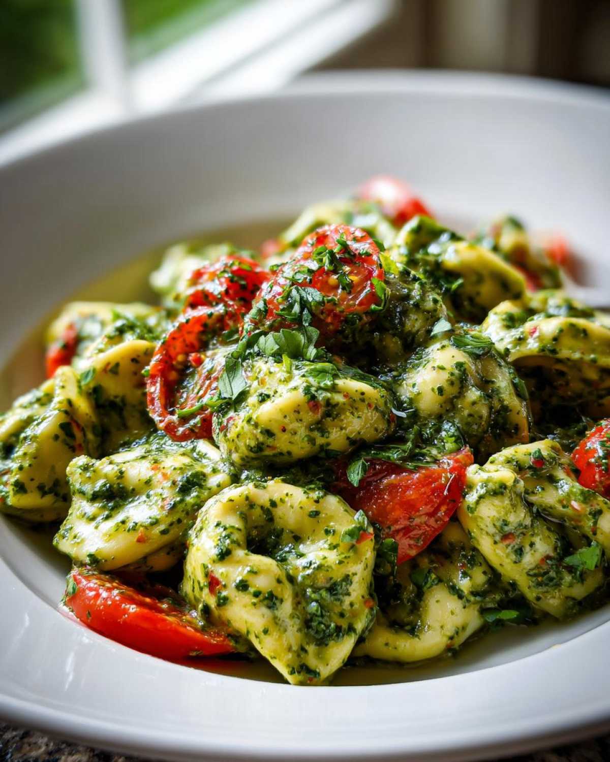 A close-up of Easy One-Pot Creamy Pesto Tortellini coated in vibrant green pesto sauce with bright red cherry tomato halves.
