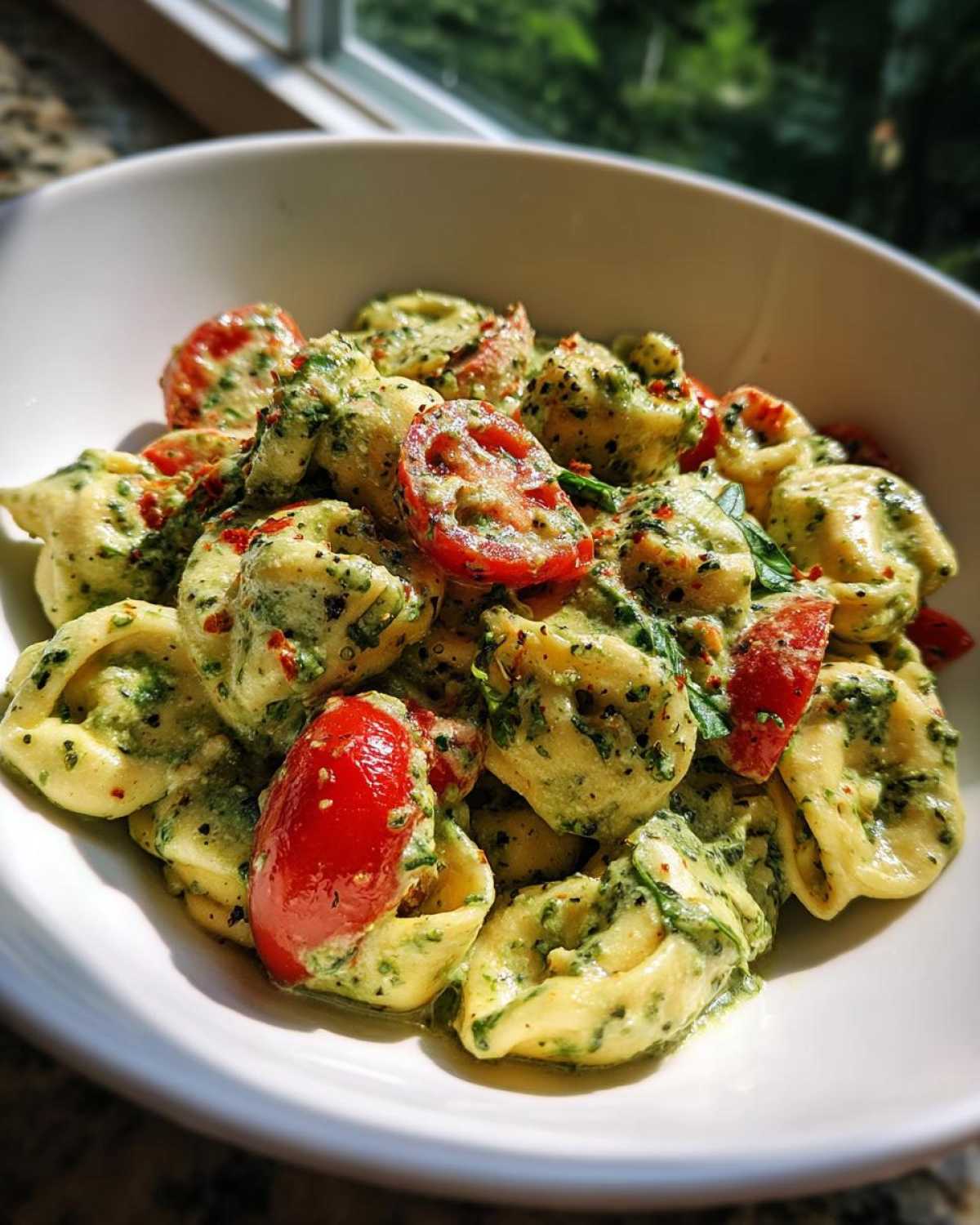 Close-up of Easy One-Pot Creamy Pesto Tortellini mixed with halved bright red cherry tomatoes in a white bowl.