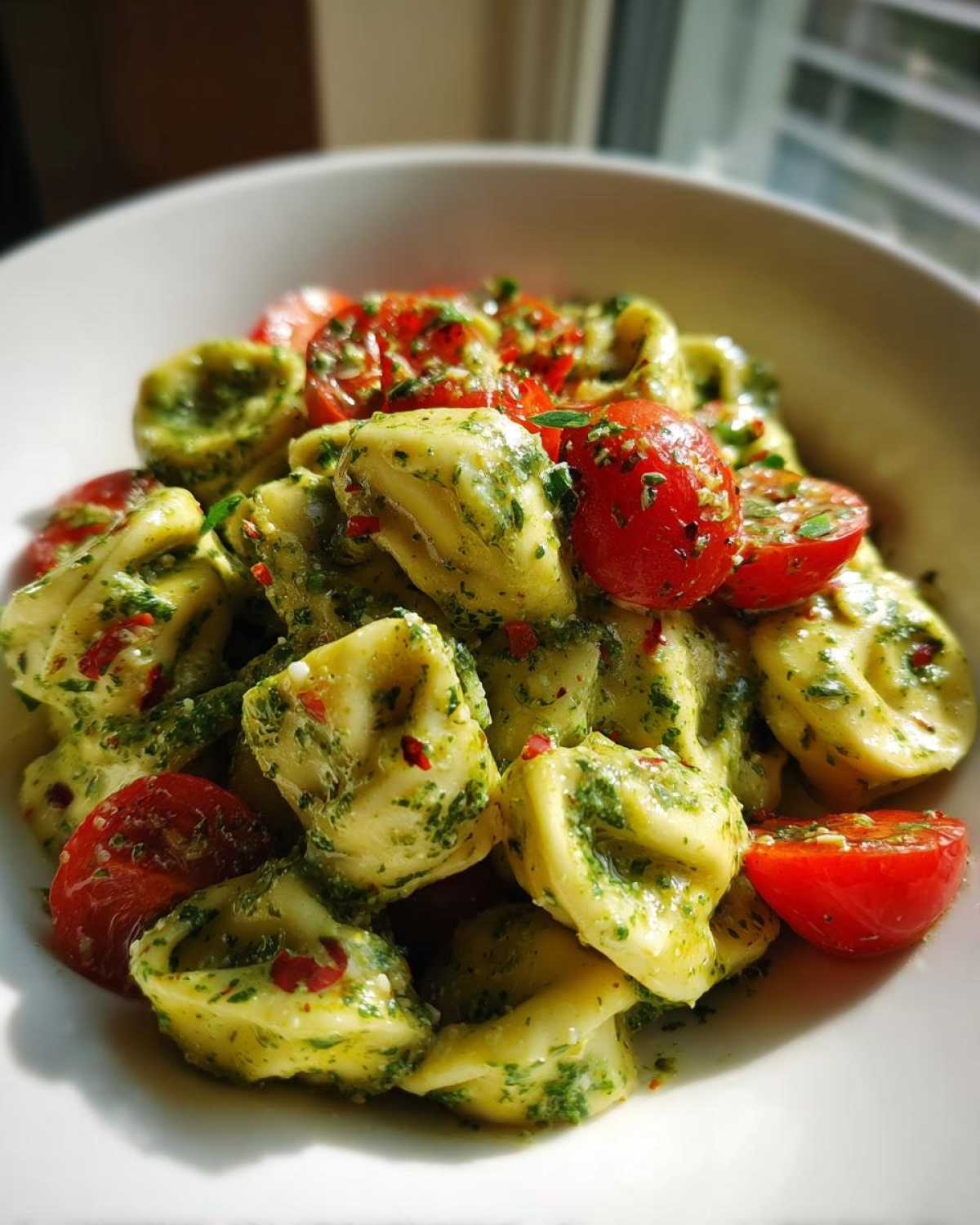 A close-up of Easy One-Pot Creamy Pesto Tortellini mixed with halved cherry tomatoes in a white bowl.