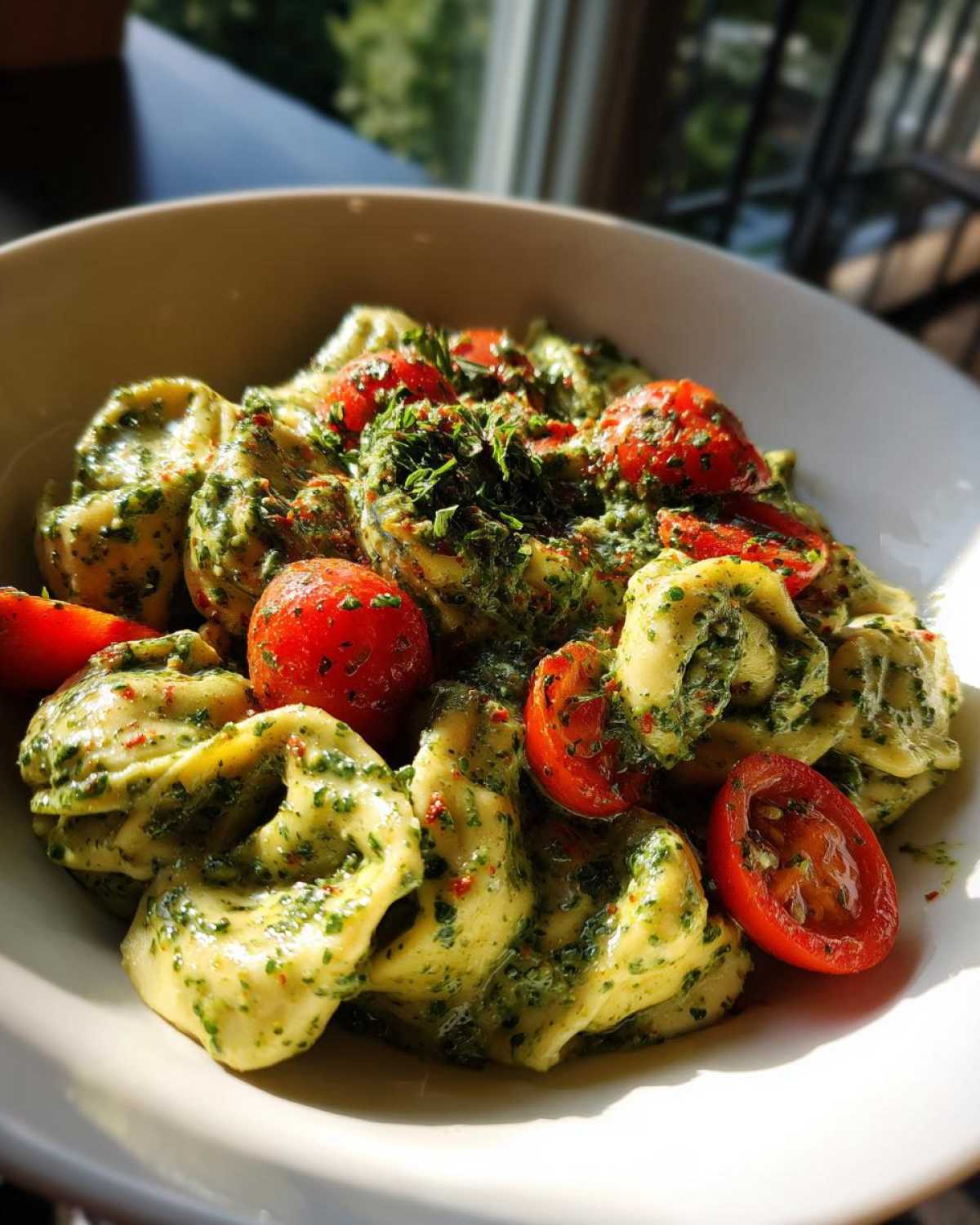 A close-up of Easy One-Pot Creamy Pesto Tortellini tossed with bright red cherry tomatoes and fresh herbs.