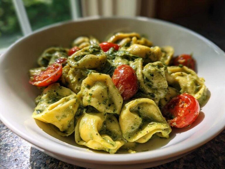 A close-up of Easy One-Pot Creamy Pesto Tortellini mixed with halved cherry tomatoes in a white bowl.