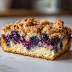 Close-up of a moist slice of Easy Sheet Pan Blueberry Streusel Pancake with visible blueberries and crumb topping.