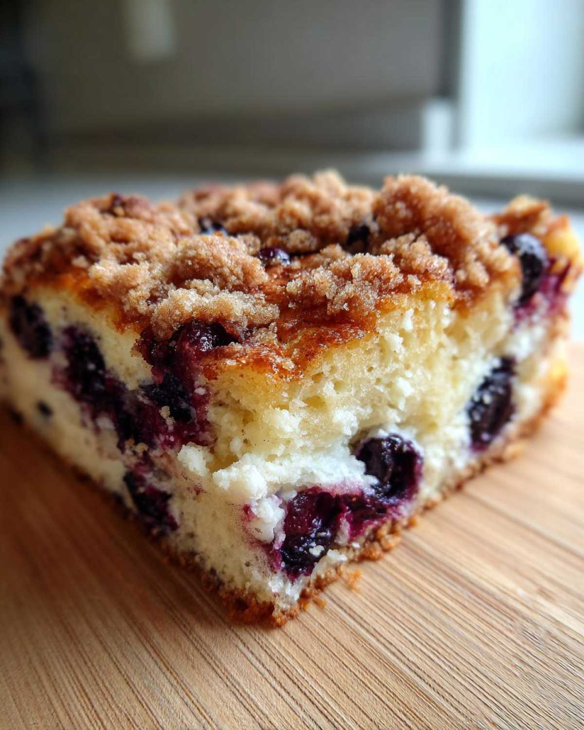 Close-up of a square slice of Easy Sheet Pan Blueberry Streusel Pancake with a thick, crumbly streusel topping.