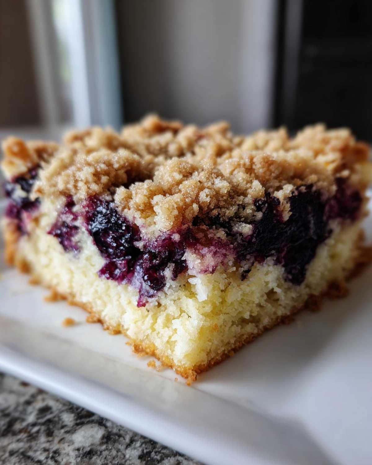 Close-up of a square slice of Easy Sheet Pan Blueberry Streusel Pancake with a thick layer of blueberries and crumb topping.