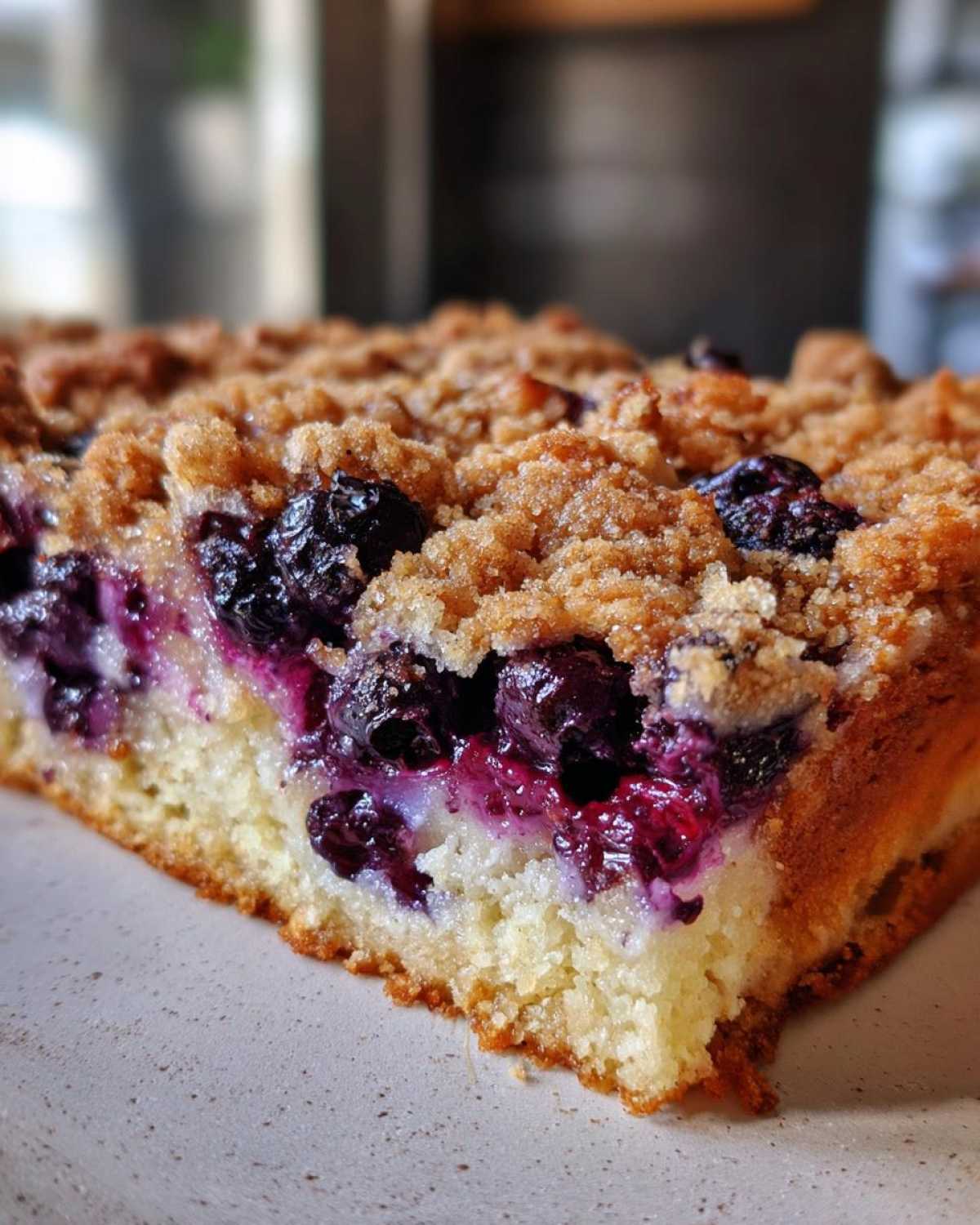 Close-up of a moist slice of Easy Sheet Pan Blueberry Streusel Pancake showing juicy blueberries and brown sugar crumble topping.