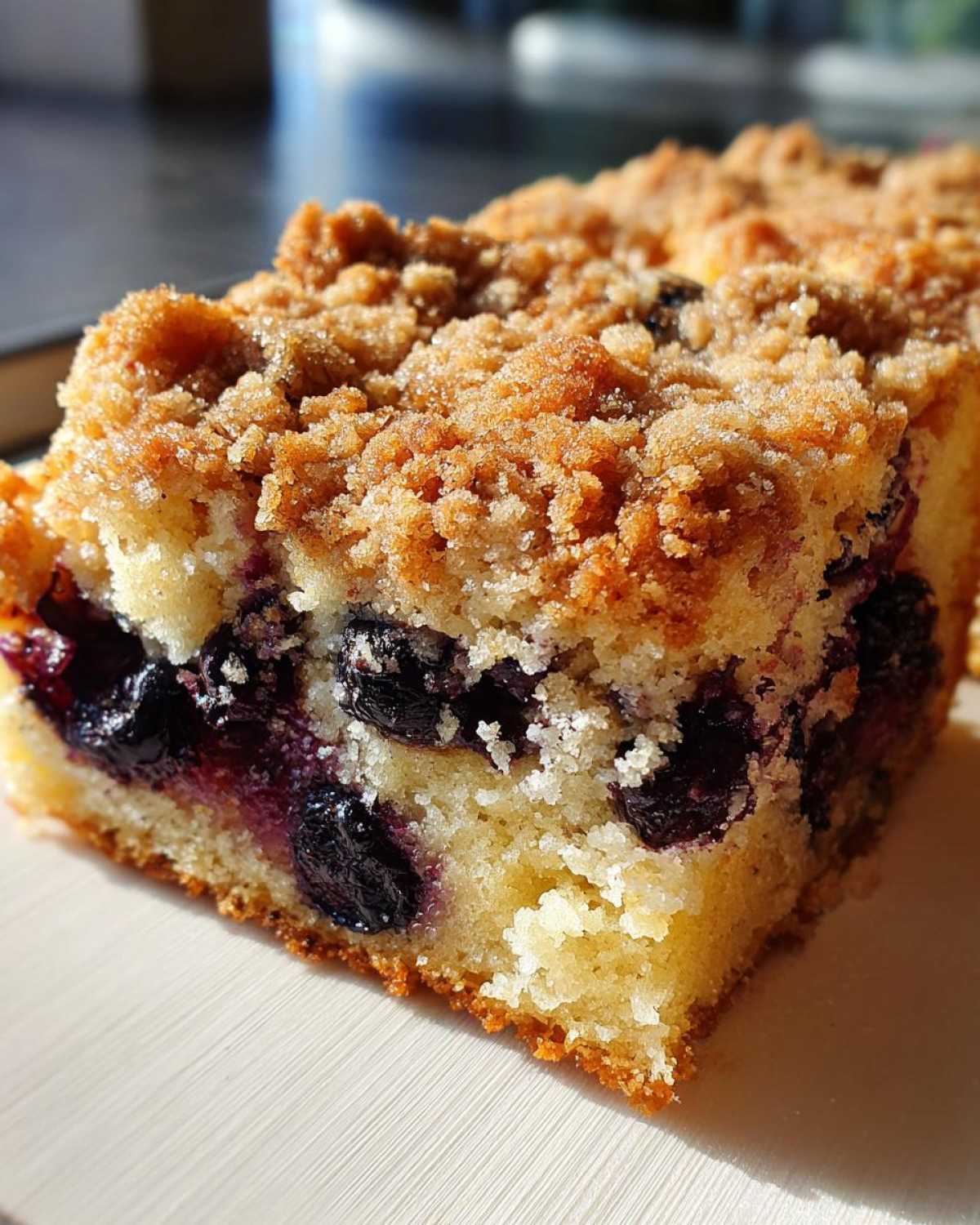 Close-up of a thick slice of Easy Sheet Pan Blueberry Streusel Pancake showing moist cake, juicy blueberries, and crunchy streusel topping.