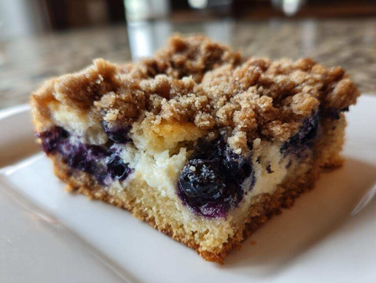 Close-up of a square slice of Easy Sheet Pan Blueberry Streusel Pancake with a thick streusel topping and creamy filling.