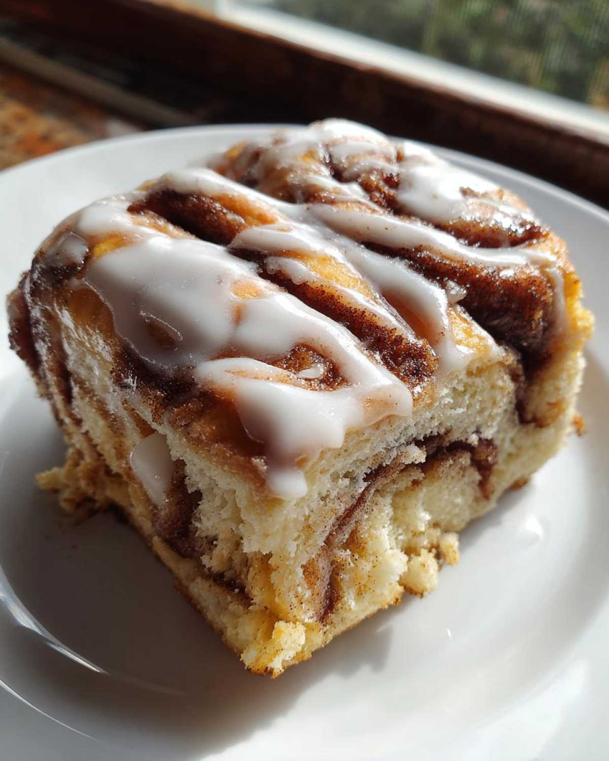 Close-up of a square slice of Easy Sheet Pan Cinnamon Roll Pancake Bake topped with white icing.