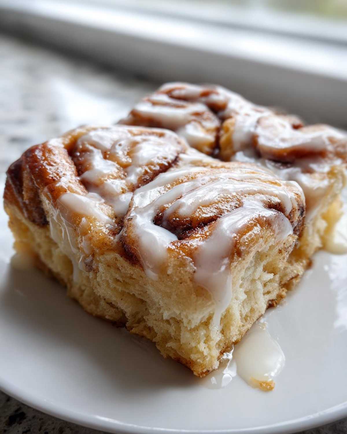 Close-up of a gooey slice of Easy Sheet Pan Cinnamon Roll Pancake Bake topped with white icing.