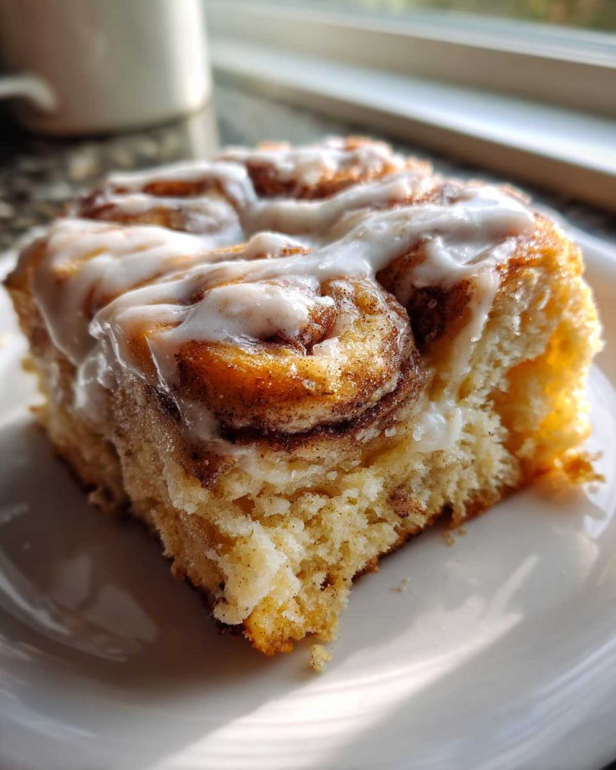 Close-up of a fluffy square serving of Easy Sheet Pan Cinnamon Roll Pancake Bake topped with white icing.