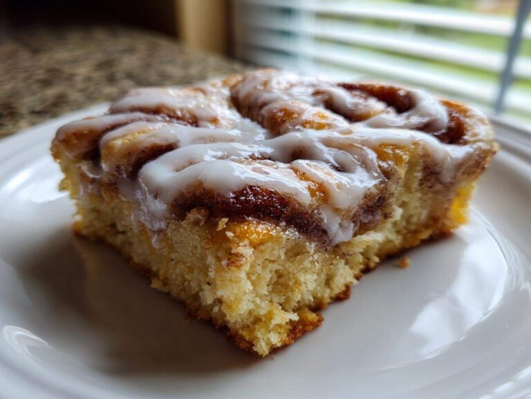 Close-up of a single square serving of Easy Sheet Pan Cinnamon Roll Pancake Bake topped with white icing.