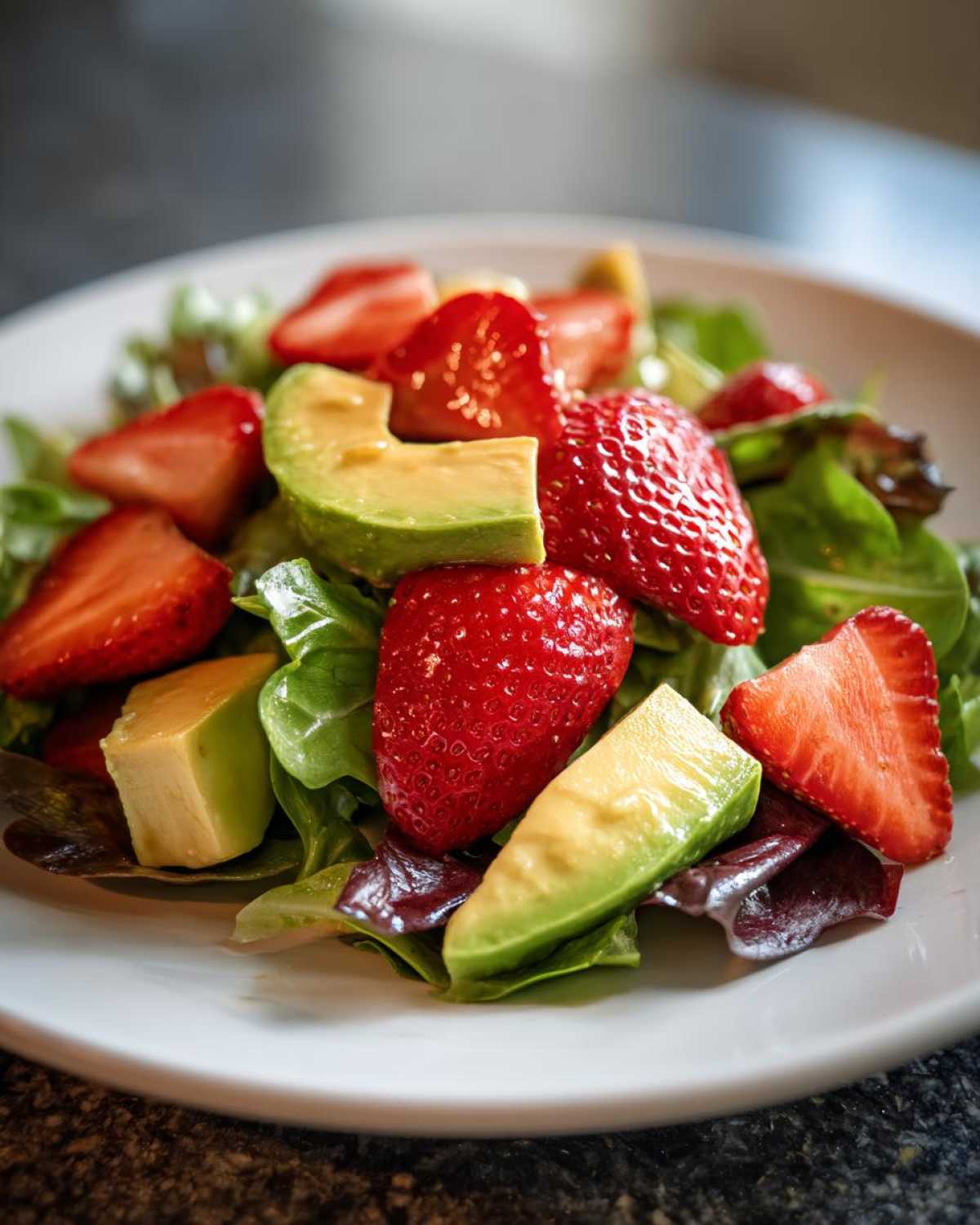 Close-up of vibrant greens topped with fresh strawberries and creamy avocado chunks in an Easy Strawberry Avocado Salad.