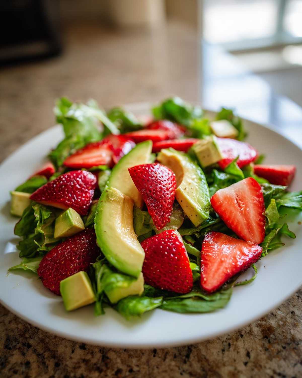 Close-up of a vibrant Easy Strawberry Avocado Salad with sliced strawberries and avocado chunks over mixed greens on a white plate.