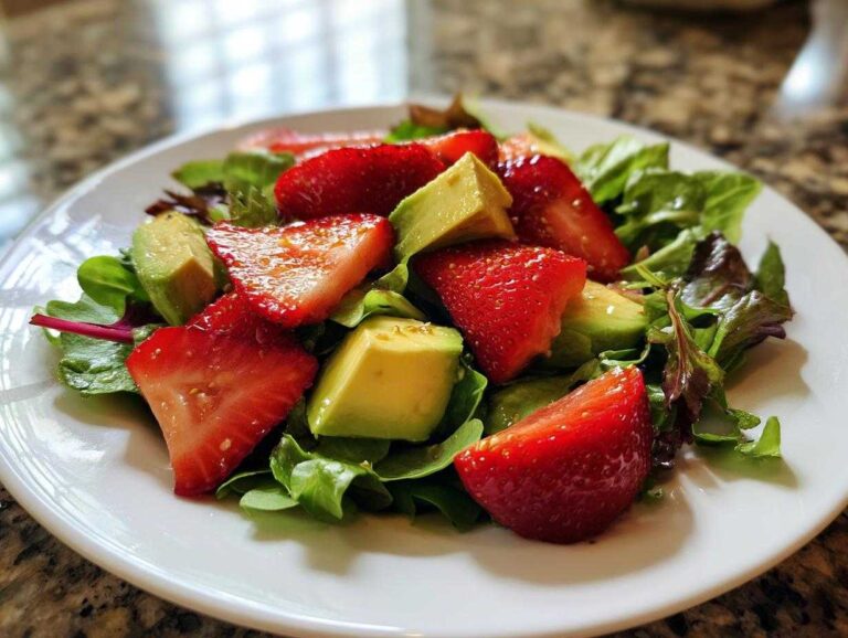 A close-up of a vibrant Easy Strawberry Avocado Salad featuring sliced strawberries, avocado chunks, and mixed greens on a white plate.