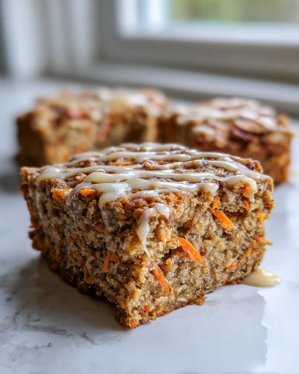Close-up of a square slice of Gluten-Free Carrot Cake Baked Oats topped with a drizzle of vanilla glaze.