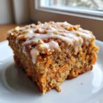Close-up of a square slice of moist Gluten-Free Carrot Cake Baked Oats topped with white glaze and chopped nuts.