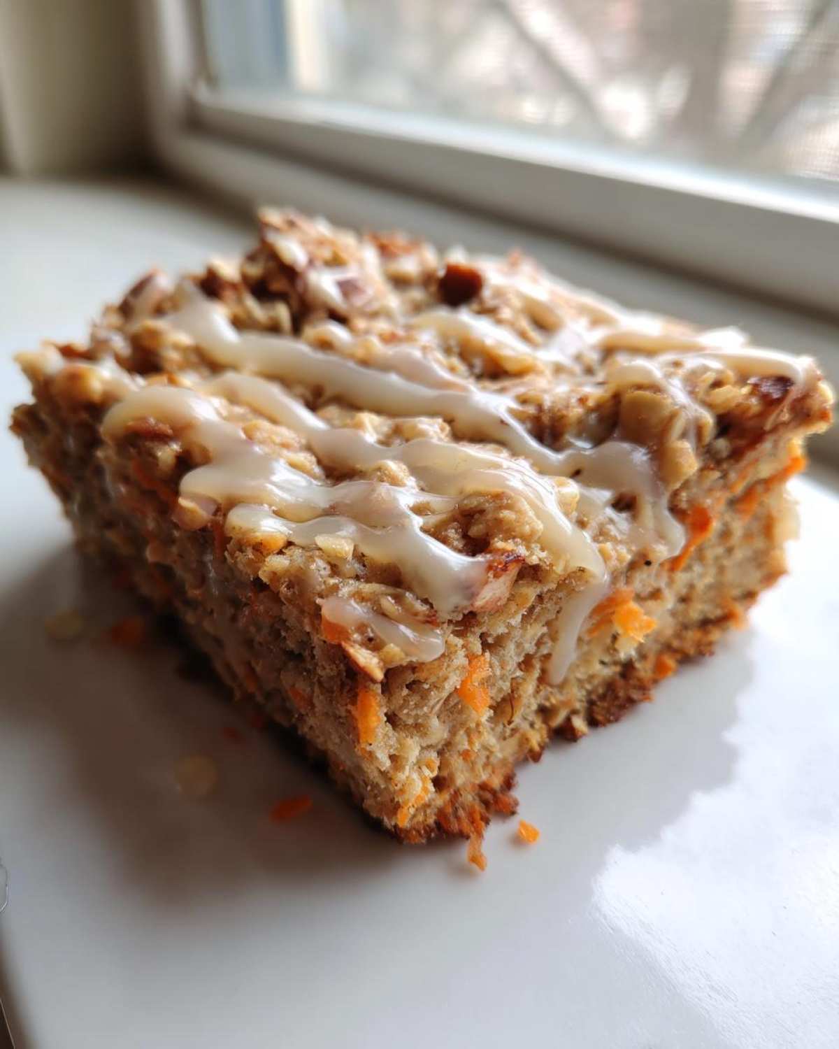 Close-up of a square slice of Gluten-Free Carrot Cake Baked Oats topped with nuts and a light glaze.