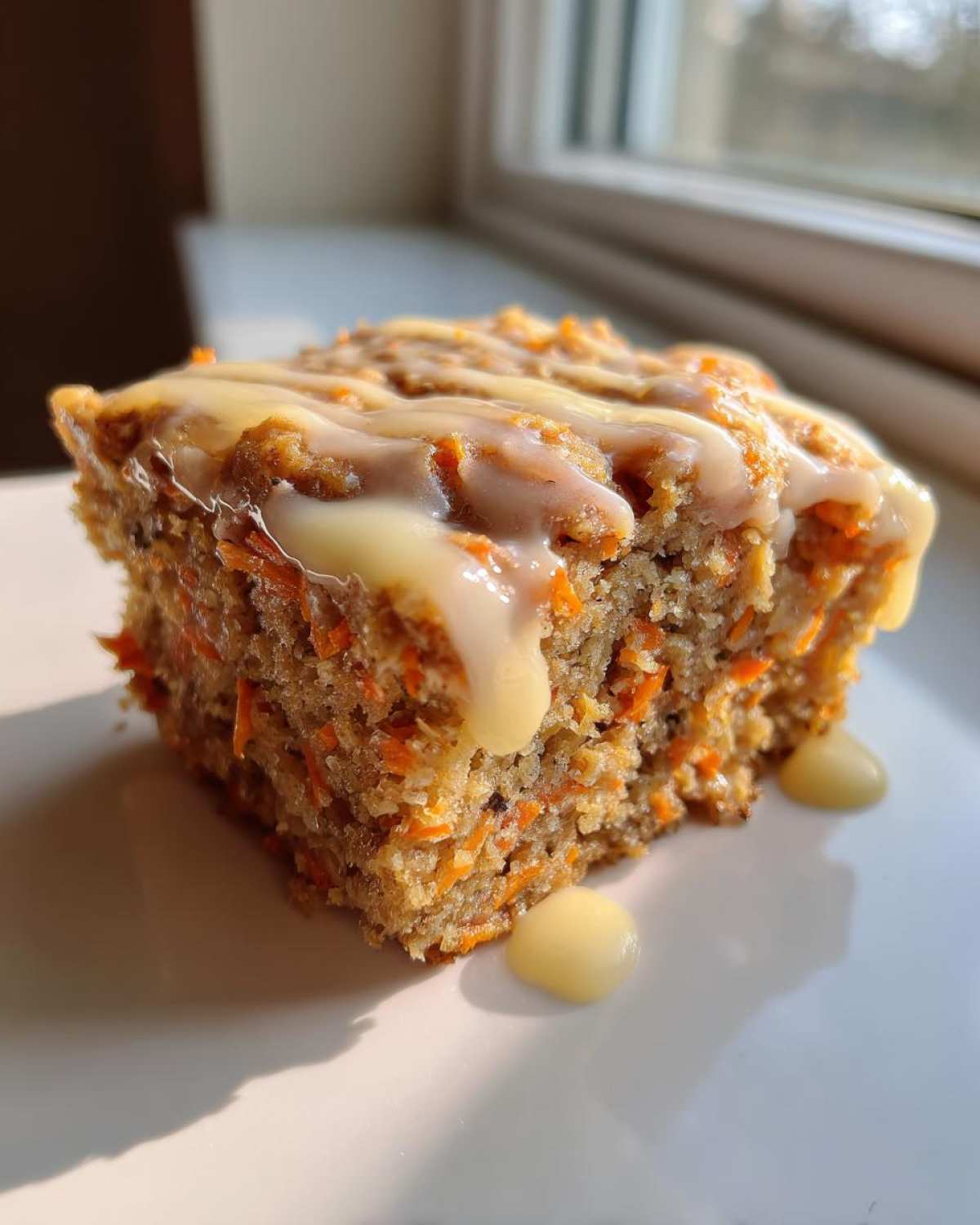 Close-up of a square slice of Gluten-Free Carrot Cake Baked Oats topped with a thick vanilla glaze.