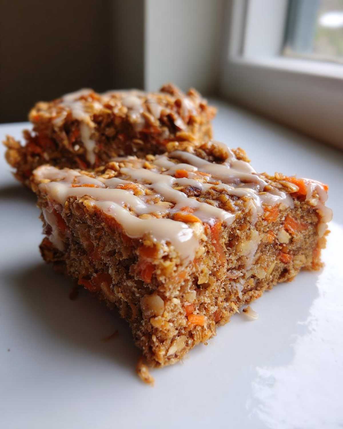 Close-up of two squares of Gluten-Free Carrot Cake Baked Oats topped with a light drizzle of icing.