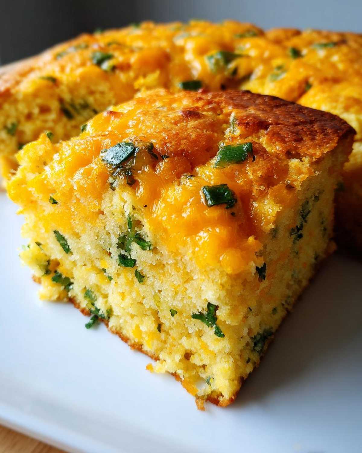A close-up of a moist slice of Gluten-Free Cheddar Jalapeno Cornbread topped with melted cheddar and green herbs.