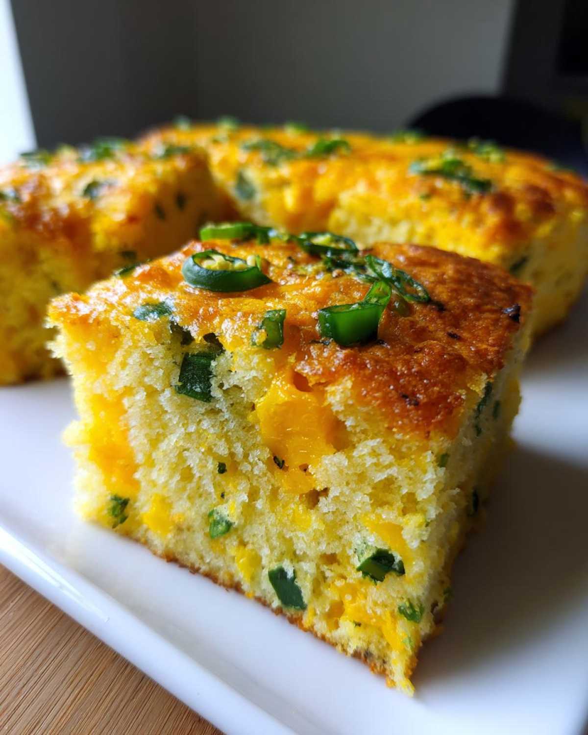 A close-up slice of moist Gluten-Free Cheddar Jalapeno Cornbread topped with fresh jalapeno slices.