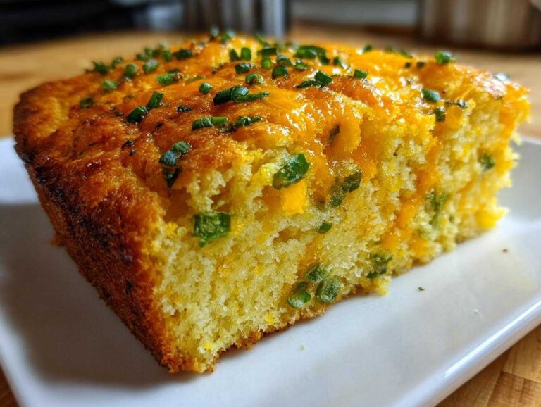 Close-up of a moist slice of Gluten-Free Cheddar Jalapeno Cornbread topped with melted cheese and fresh chives.