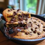 A slice of gooey Gluten-Free Chocolate Chip Skillet Cookie being lifted, showing melted chocolate dripping back into the pan.